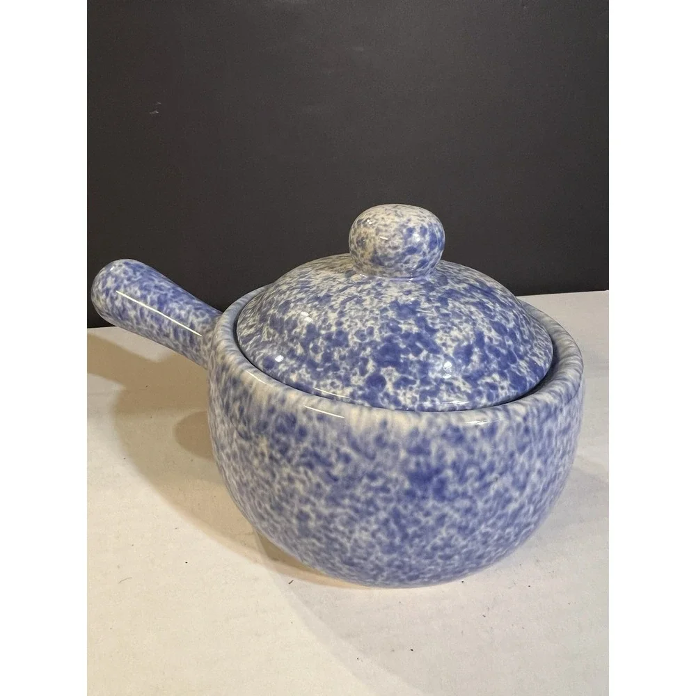 Vintage Blue Speckled Stoneware‎ Soup Pot With Lid & Handle 4.5T x 7.5L (2080)